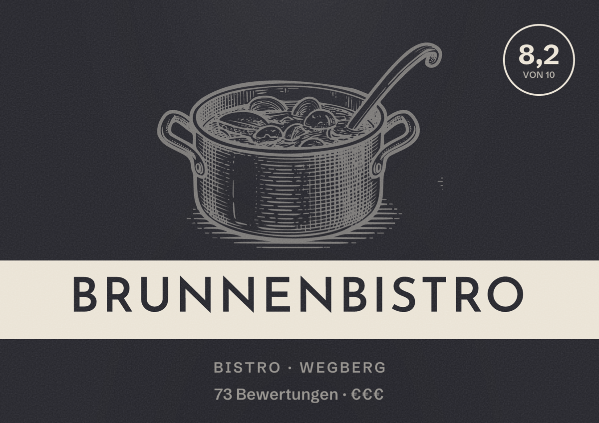 Illustriertes Poster von Brunnenbistro, Bistro in Wegberg: Bewertung 8,2 von 10 aus 73 Bewertungen, Preisniveau €€€