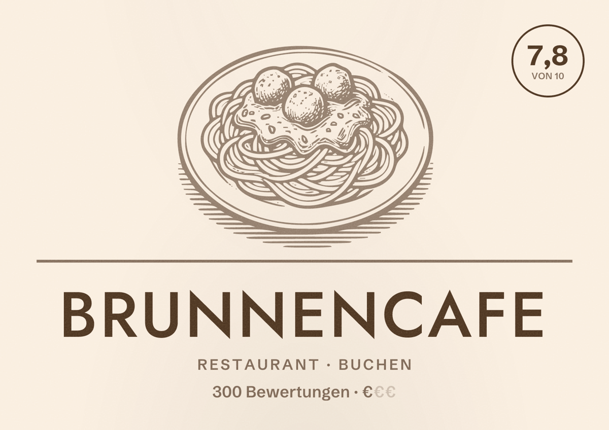 Illustriertes Poster von Brunnencafe, Restaurant in Buchen: Bewertung 7,8 von 10 aus 300 Bewertungen, Preisniveau €