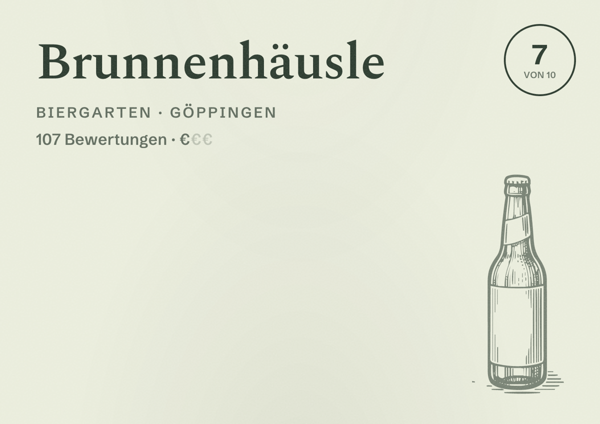 Illustriertes Poster von Brunnenhäusle, Biergarten in Göppingen: Bewertung 7 von 10 aus 107 Bewertungen, Preisniveau €
