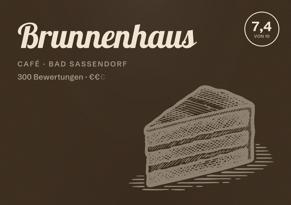Illustriertes Poster von Brunnenhaus, Café in Bad Sassendorf: Bewertung 7,4 von 10 aus 300 Bewertungen, Preisniveau €€