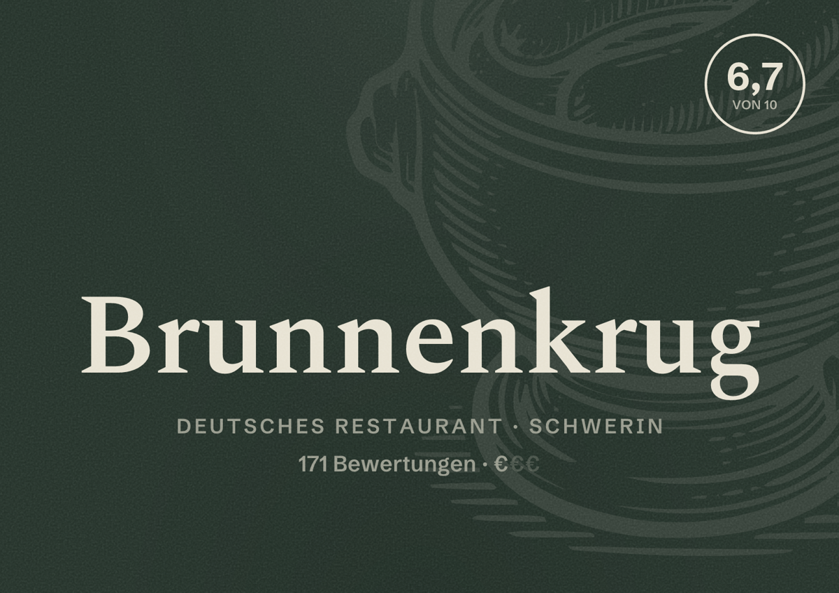 Illustriertes Poster von Brunnenkrug, Deutsches Restaurant in Schwerin: Bewertung 6,7 von 10 aus 171 Bewertungen, Preisniveau €