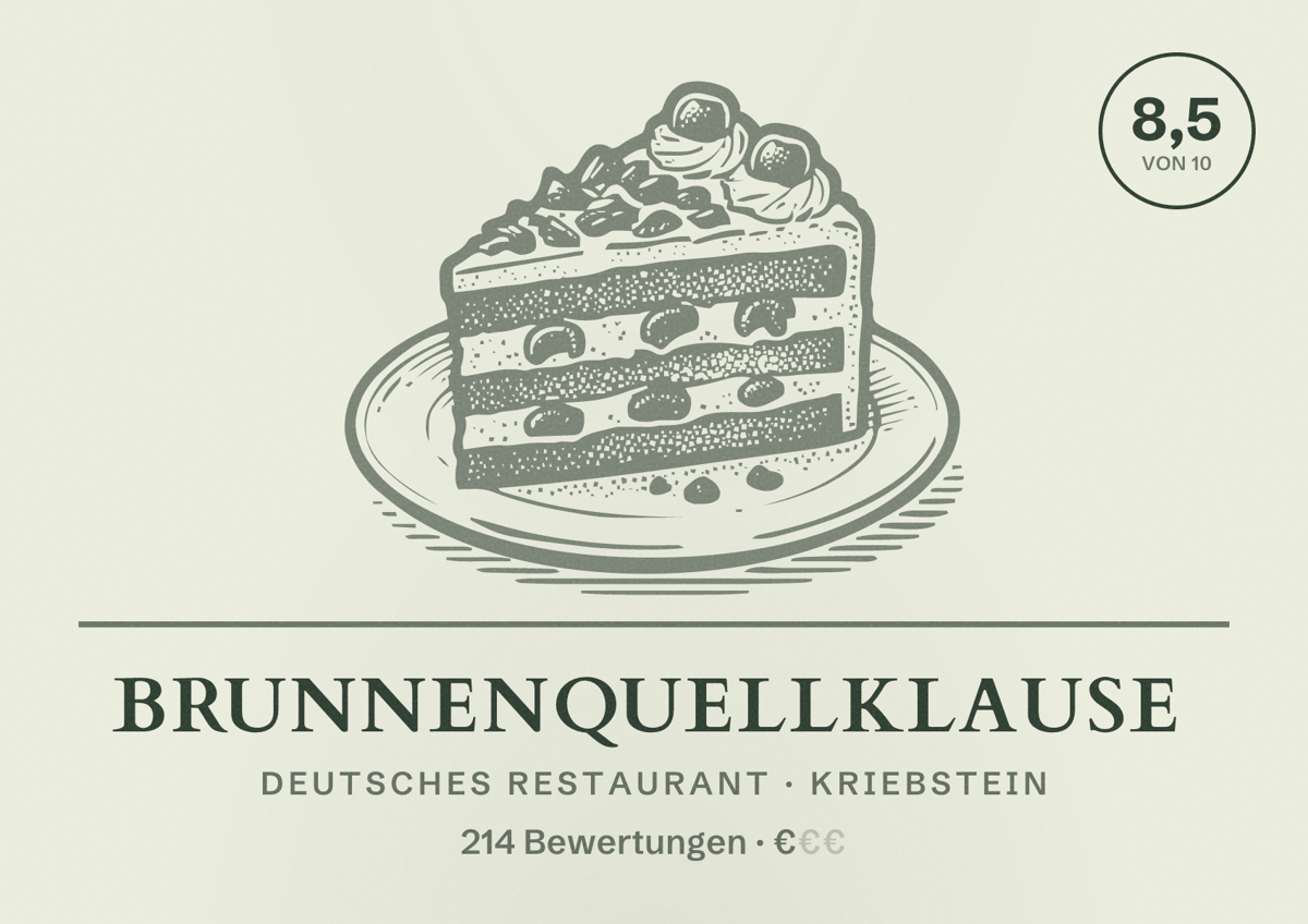 Illustriertes Poster von Brunnenquellklause, Deutsches Restaurant in Kriebstein: Bewertung 8,5 von 10 aus 214 Bewertungen, Preisniveau €