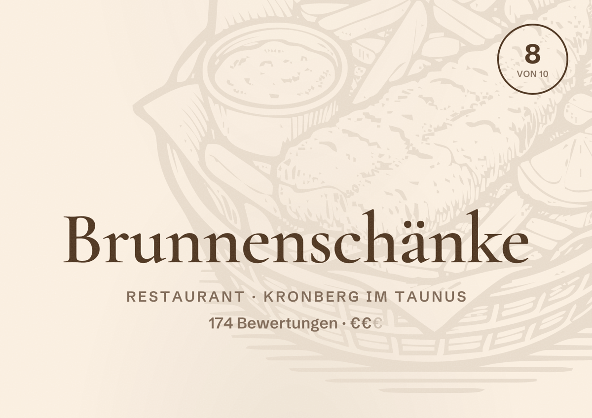 Illustriertes Poster von Brunnenschänke, Restaurant in Kronberg im Taunus: Bewertung 8 von 10 aus 174 Bewertungen, Preisniveau €€
