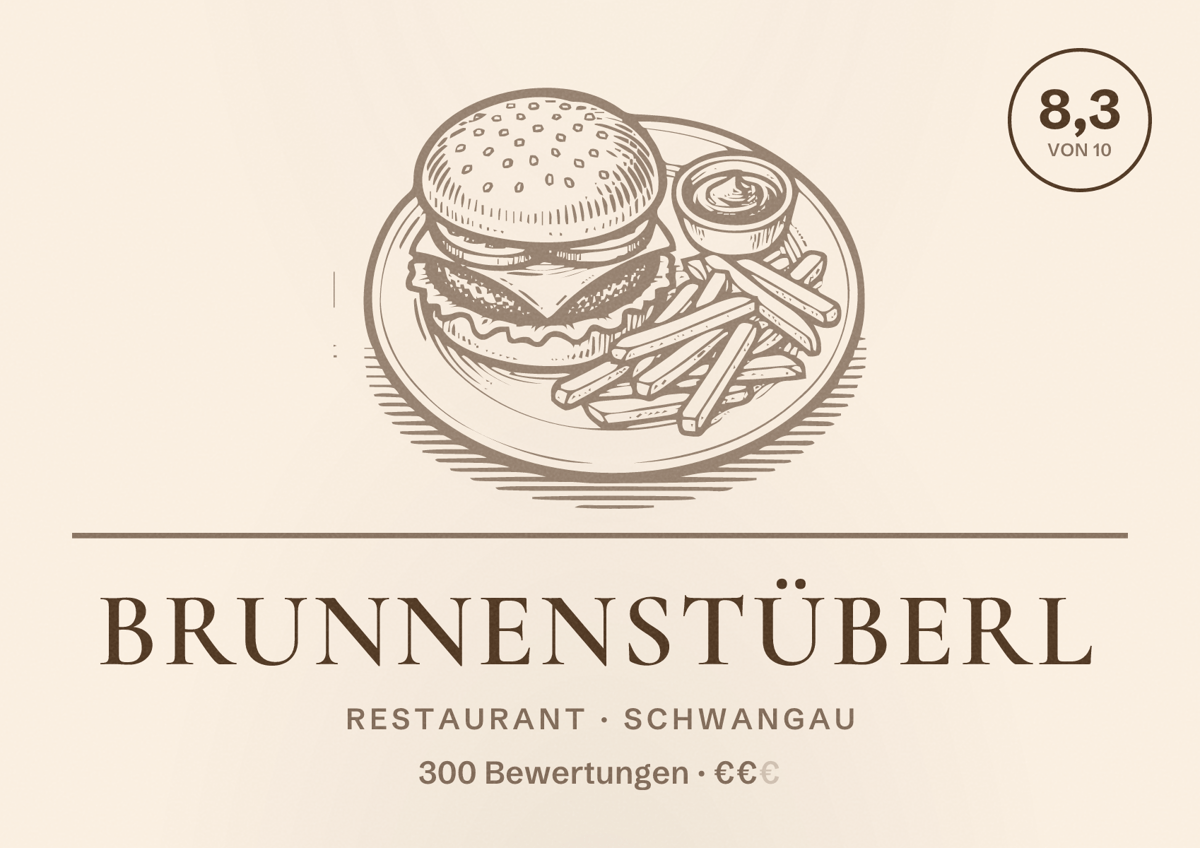 Illustriertes Poster von Brunnenstüberl, Restaurant in Schwangau: Bewertung 8,3 von 10 aus 300 Bewertungen, Preisniveau €€