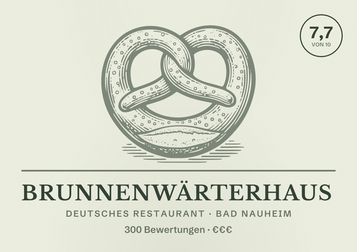 Illustriertes Poster von Brunnenwärterhaus, Deutsches Restaurant in Bad Nauheim: Bewertung 7,7 von 10 aus 300 Bewertungen, Preisniveau €€€