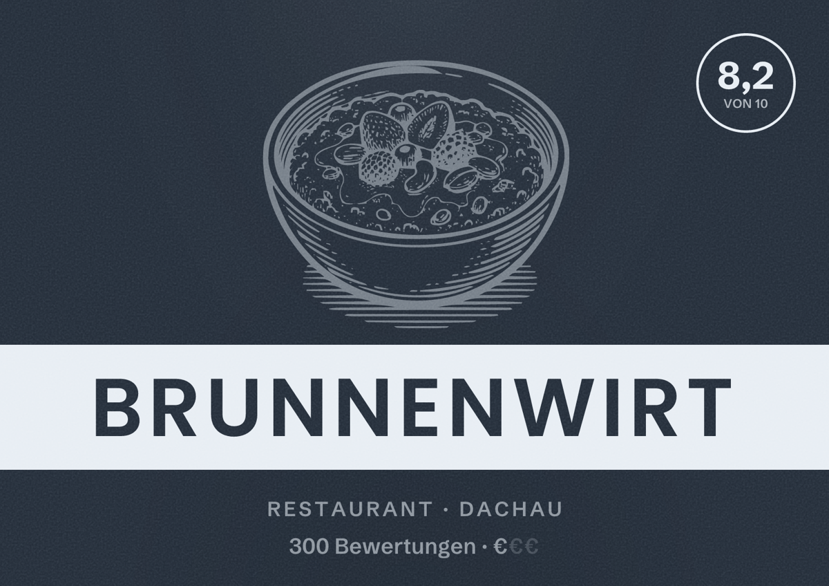 Illustriertes Poster von Brunnenwirt, Restaurant in Dachau: Bewertung 8,2 von 10 aus 300 Bewertungen, Preisniveau €