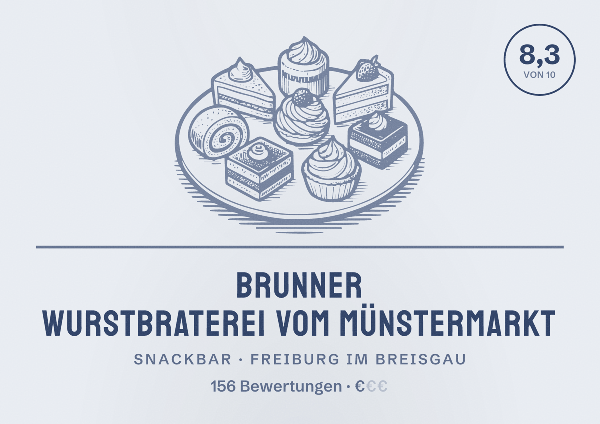 Illustriertes Poster von Brunner Wurstbraterei vom Münstermarkt, Snackbar in Freiburg im Breisgau: Bewertung 8,3 von 10 aus 156 Bewertungen, Preisniveau €