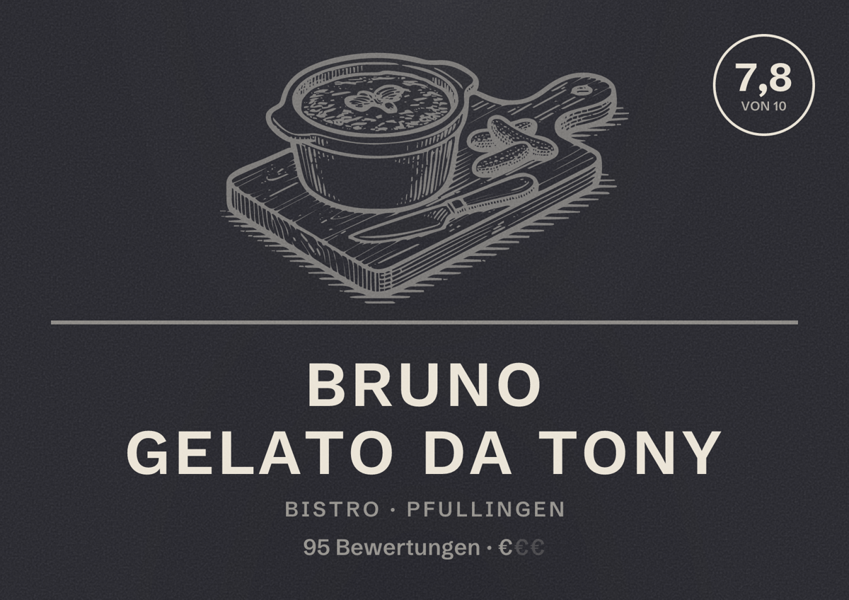 Illustriertes Poster von Bruno Gelato Da Tony, Bistro in Pfullingen: Bewertung 7,8 von 10 aus 95 Bewertungen, Preisniveau €