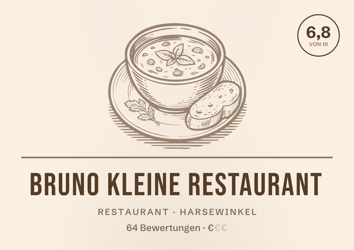 Illustriertes Poster von Bruno Kleine Restaurant, Restaurant in Harsewinkel: Bewertung 6,8 von 10 aus 64 Bewertungen, Preisniveau €