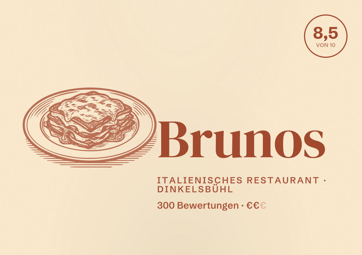 Illustriertes Poster von Brunos, Italienisches Restaurant in Dinkelsbühl: Bewertung 8,5 von 10 aus 300 Bewertungen, Preisniveau €€