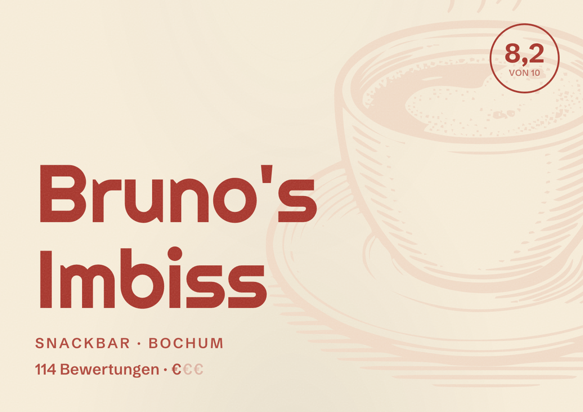 Illustriertes Poster von Bruno's Imbiss, Snackbar in Bochum: Bewertung 8,2 von 10 aus 114 Bewertungen, Preisniveau €