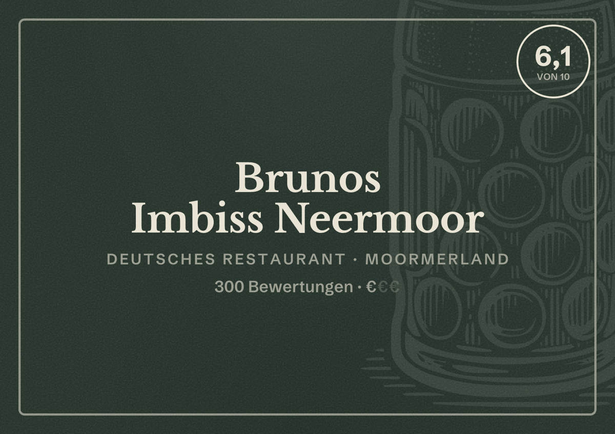Illustriertes Poster von Brunos Imbiss Neermoor, Deutsches Restaurant in Moormerland: Bewertung 6,1 von 10 aus 300 Bewertungen, Preisniveau €