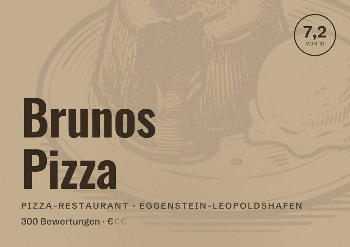 Illustriertes Poster von Brunos Pizza, Pizza-Restaurant in Eggenstein-Leopoldshafen: Bewertung 7,2 von 10 aus 300 Bewertungen, Preisniveau €