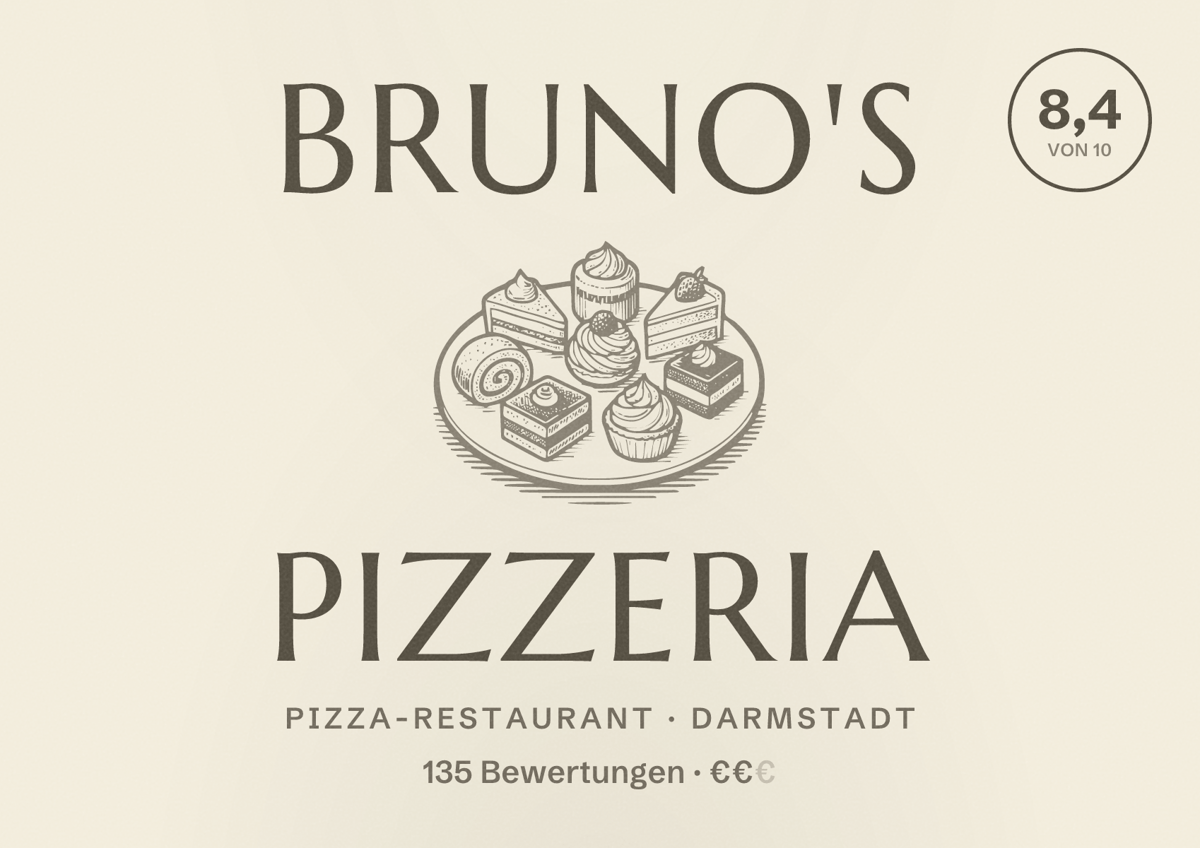 Illustriertes Poster von Bruno's Pizzeria, Pizza-Restaurant in Darmstadt: Bewertung 8,4 von 10 aus 135 Bewertungen, Preisniveau €€