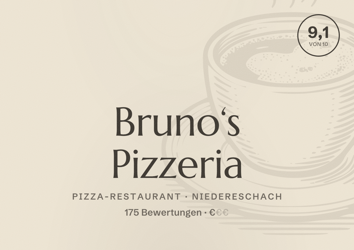 Illustriertes Poster von Bruno‘s Pizzeria, Pizza-Restaurant in Niedereschach: Bewertung 9,1 von 10 aus 175 Bewertungen, Preisniveau €