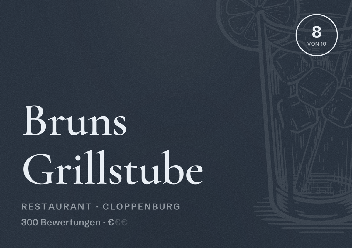 Illustriertes Poster von Bruns Grillstube, Restaurant in Cloppenburg: Bewertung 8 von 10 aus 300 Bewertungen, Preisniveau €