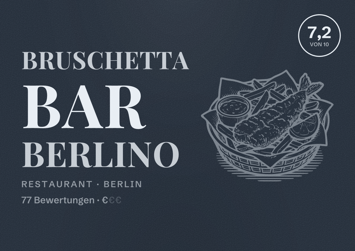 Illustriertes Poster von Bruschetta Bar Berlino, Restaurant in Berlin: Bewertung 7,2 von 10 aus 77 Bewertungen, Preisniveau €