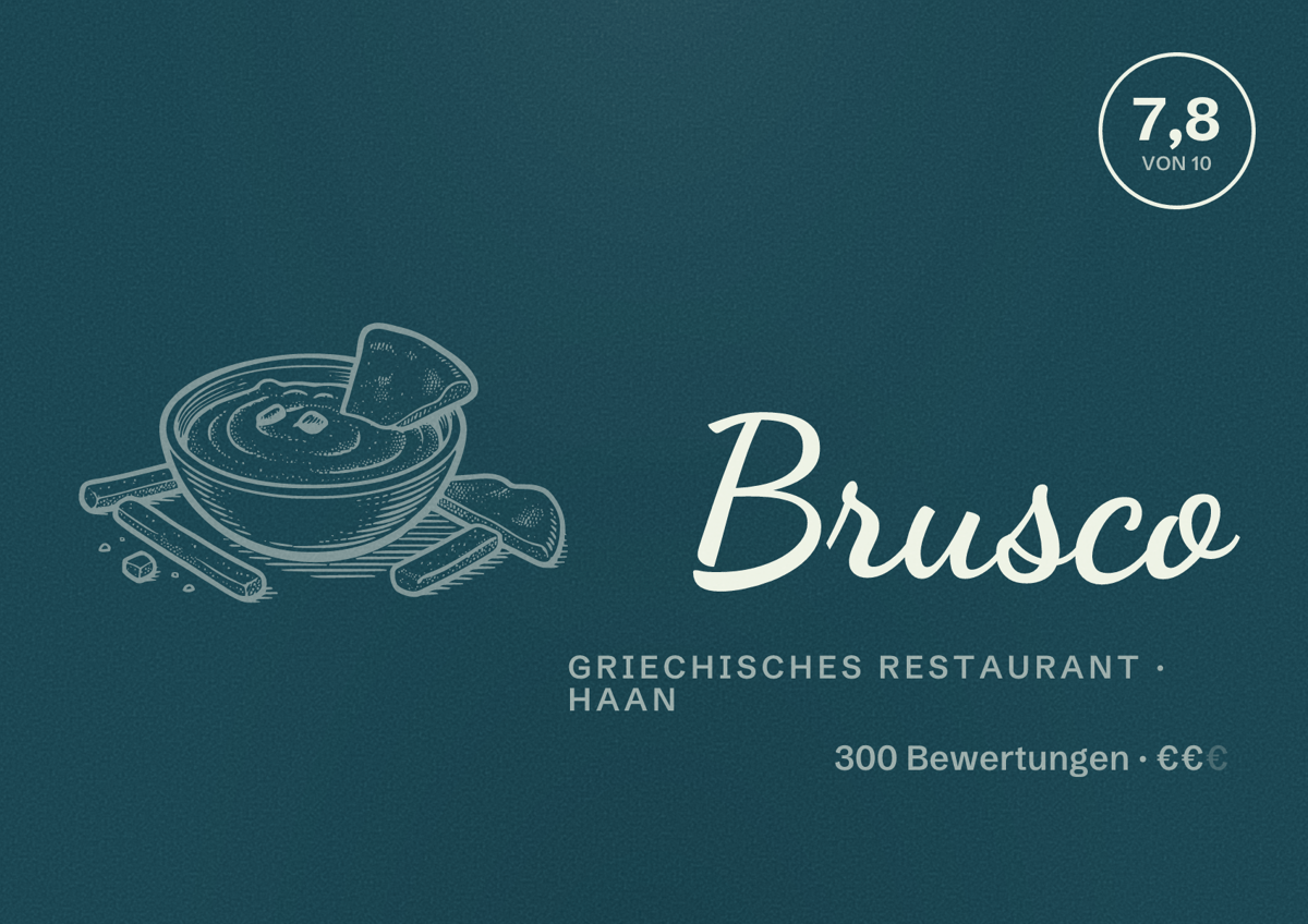 Illustriertes Poster von Brusco, Griechisches Restaurant in Haan: Bewertung 7,8 von 10 aus 300 Bewertungen, Preisniveau €€