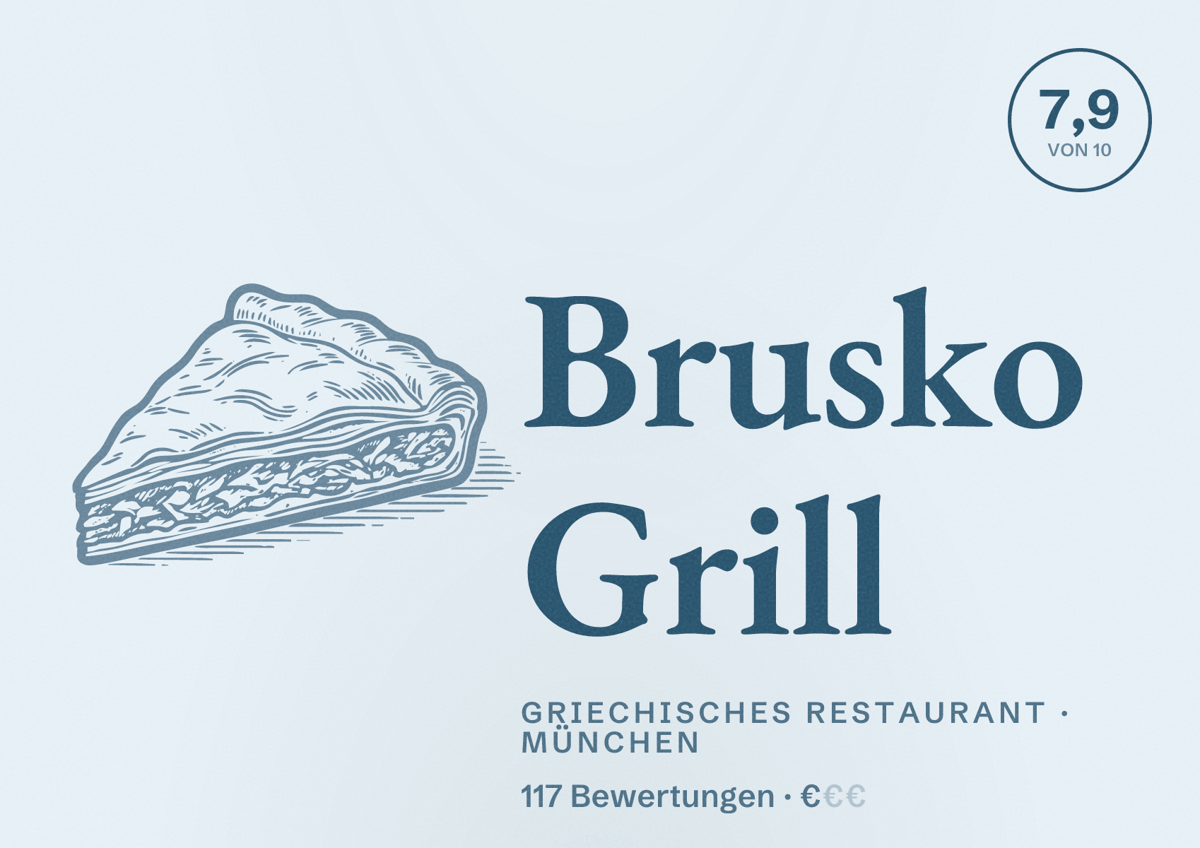 Illustriertes Poster von Brusko Grill, Griechisches Restaurant in München: Bewertung 7,9 von 10 aus 117 Bewertungen, Preisniveau €
