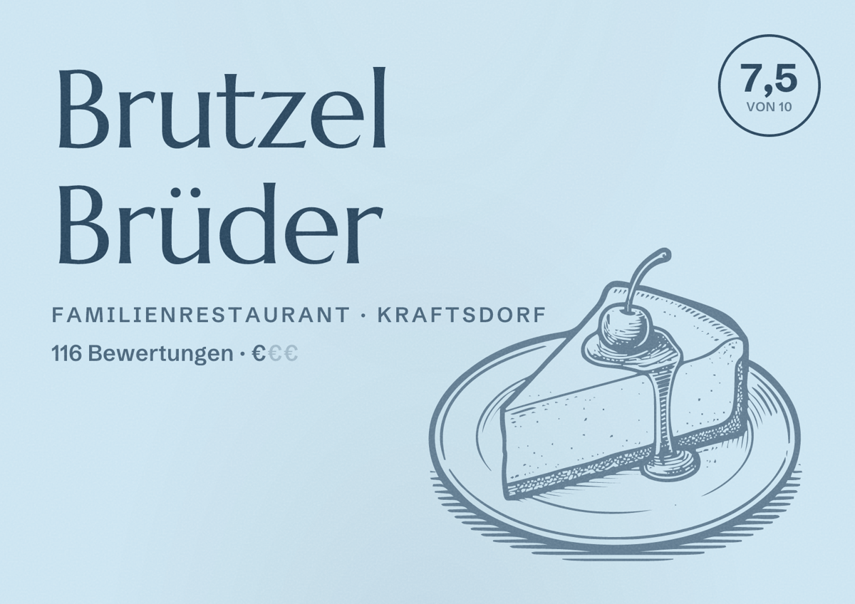 Illustriertes Poster von Brutzel Brüder, Familienrestaurant in Kraftsdorf: Bewertung 7,5 von 10 aus 116 Bewertungen, Preisniveau €