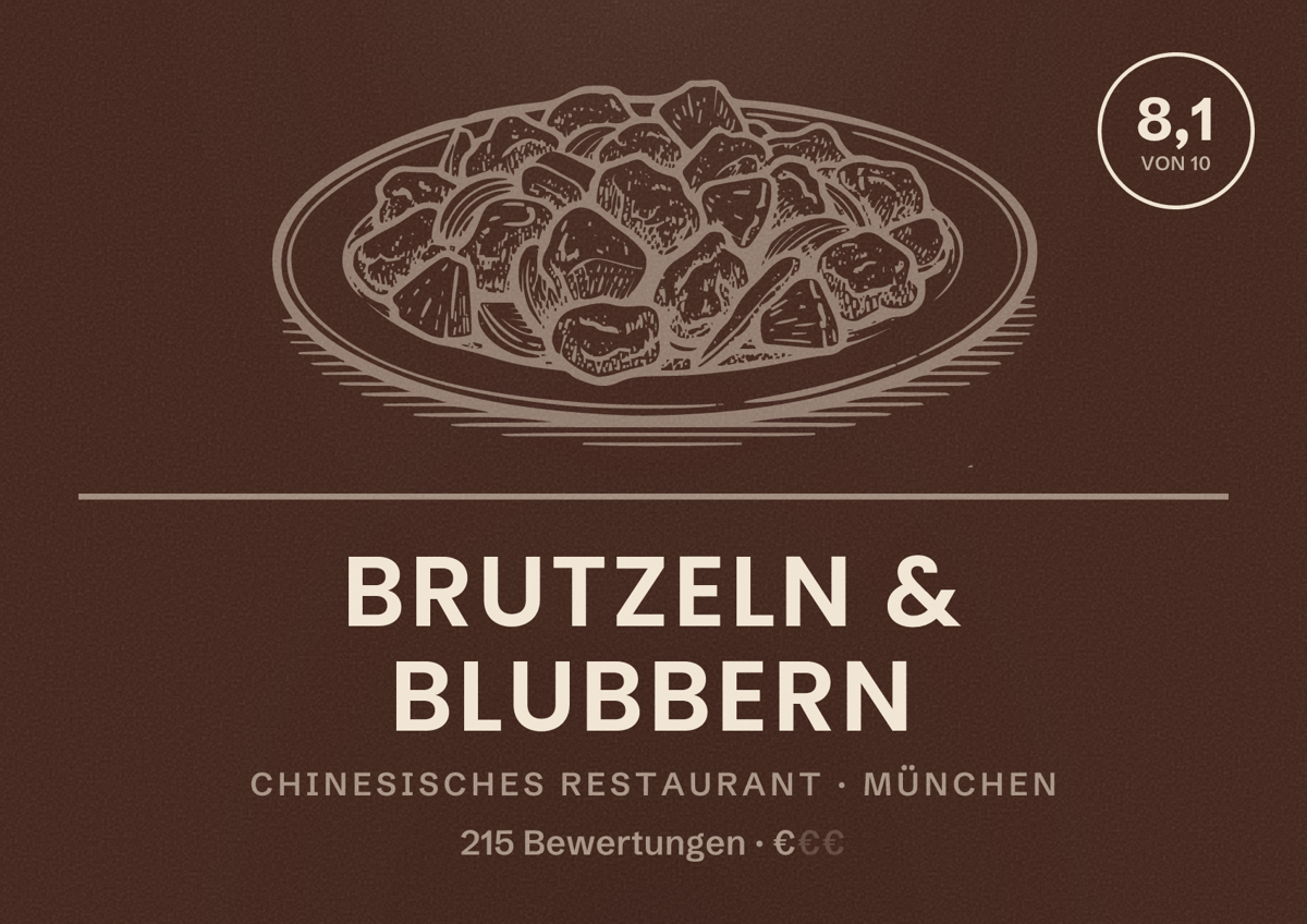 Illustriertes Poster von Brutzeln & Blubbern, Chinesisches Restaurant in München: Bewertung 8,1 von 10 aus 215 Bewertungen, Preisniveau €