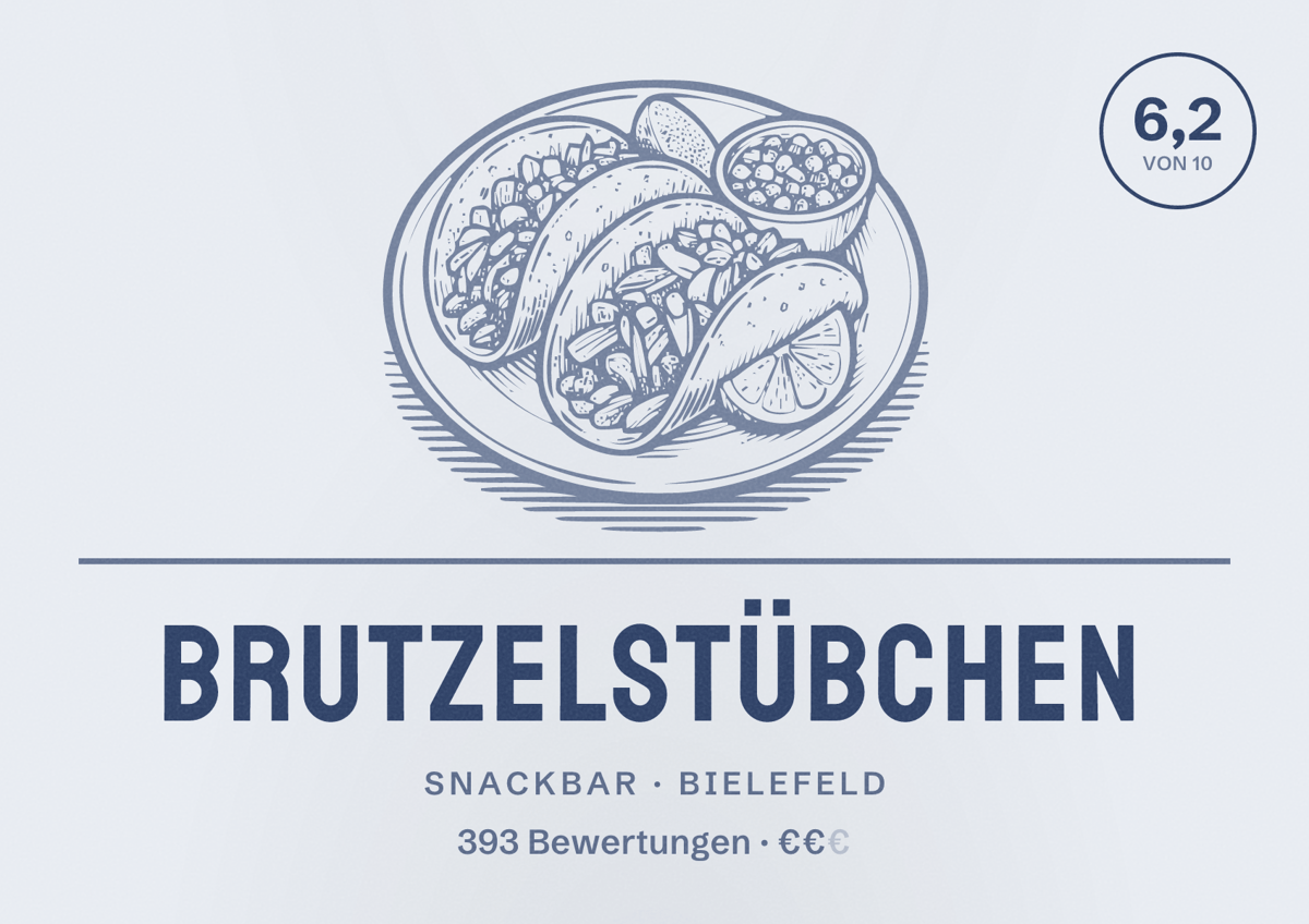 Illustriertes Poster von Brutzelstübchen, Snackbar in Bielefeld: Bewertung 6,2 von 10 aus 393 Bewertungen, Preisniveau €€