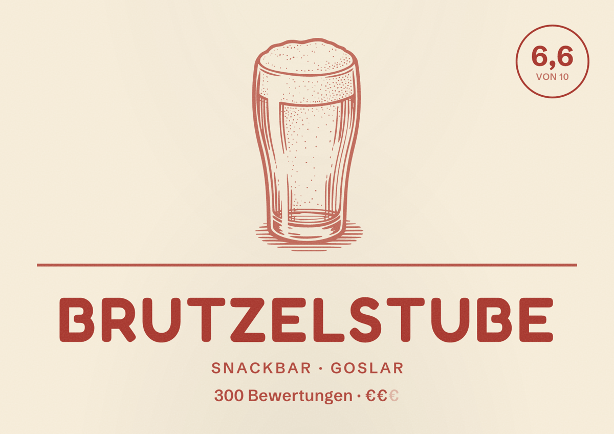 Illustriertes Poster von Brutzelstube, Snackbar in Goslar: Bewertung 6,6 von 10 aus 300 Bewertungen, Preisniveau €€