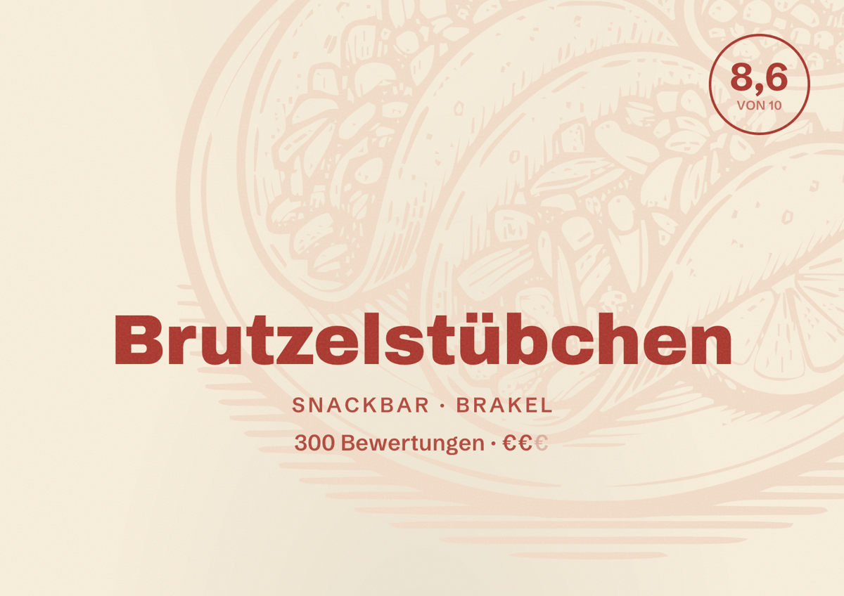 Illustriertes Poster von Brutzelstübchen, Snackbar in Brakel: Bewertung 8,6 von 10 aus 300 Bewertungen, Preisniveau €€