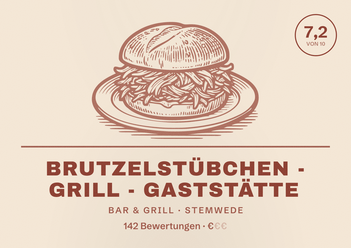 Illustriertes Poster von BrutzelStübchen - Grill - Gaststätte, Bar & Grill in Stemwede: Bewertung 7,2 von 10 aus 142 Bewertungen, Preisniveau €