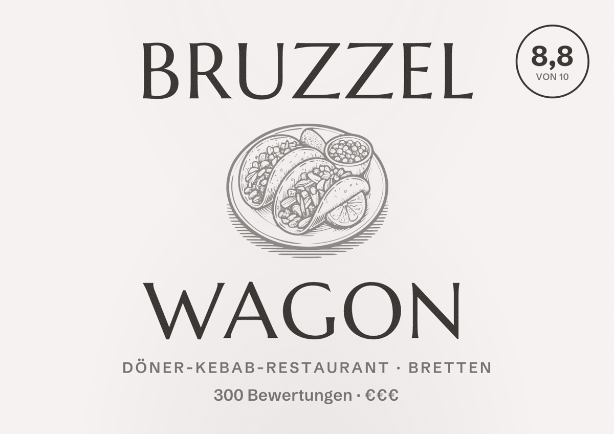Illustriertes Poster von Bruzzel Wagon, Döner-Kebab-Restaurant in Bretten: Bewertung 8,8 von 10 aus 300 Bewertungen, Preisniveau €€€