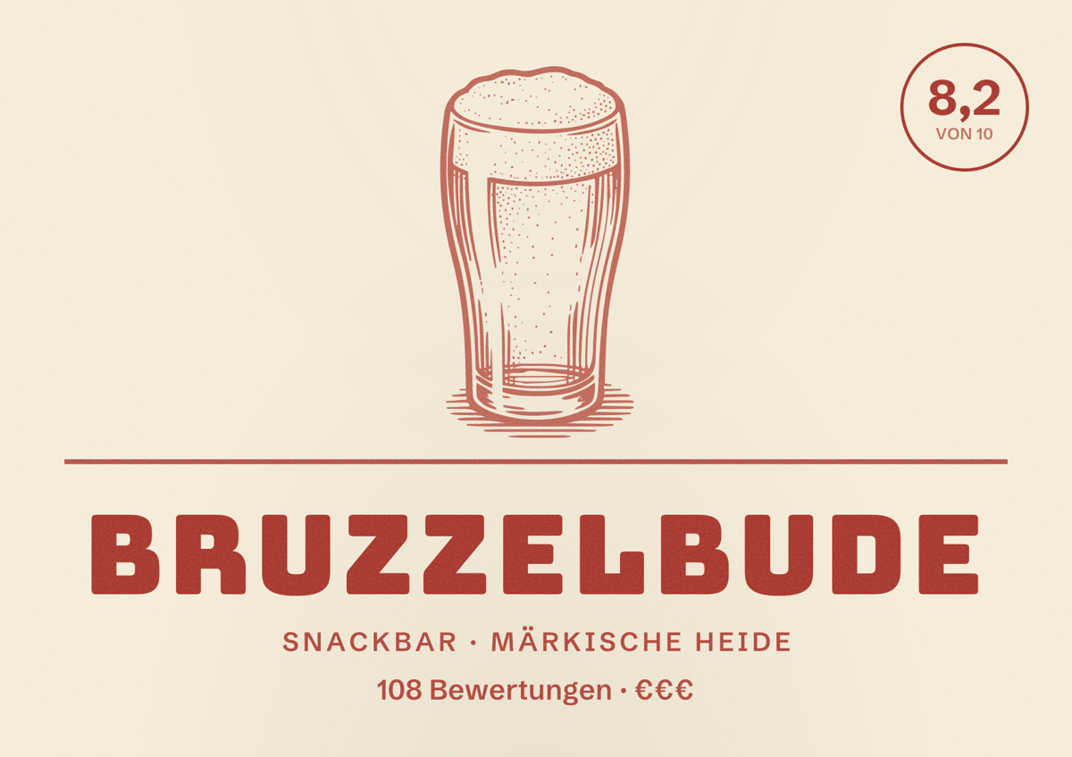 Illustriertes Poster von Bruzzelbude, Snackbar in Märkische Heide: Bewertung 8,2 von 10 aus 108 Bewertungen, Preisniveau €€€