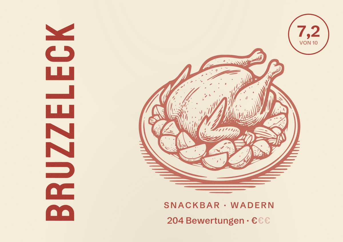Illustriertes Poster von Bruzzeleck, Snackbar in Wadern: Bewertung 7,2 von 10 aus 204 Bewertungen, Preisniveau €
