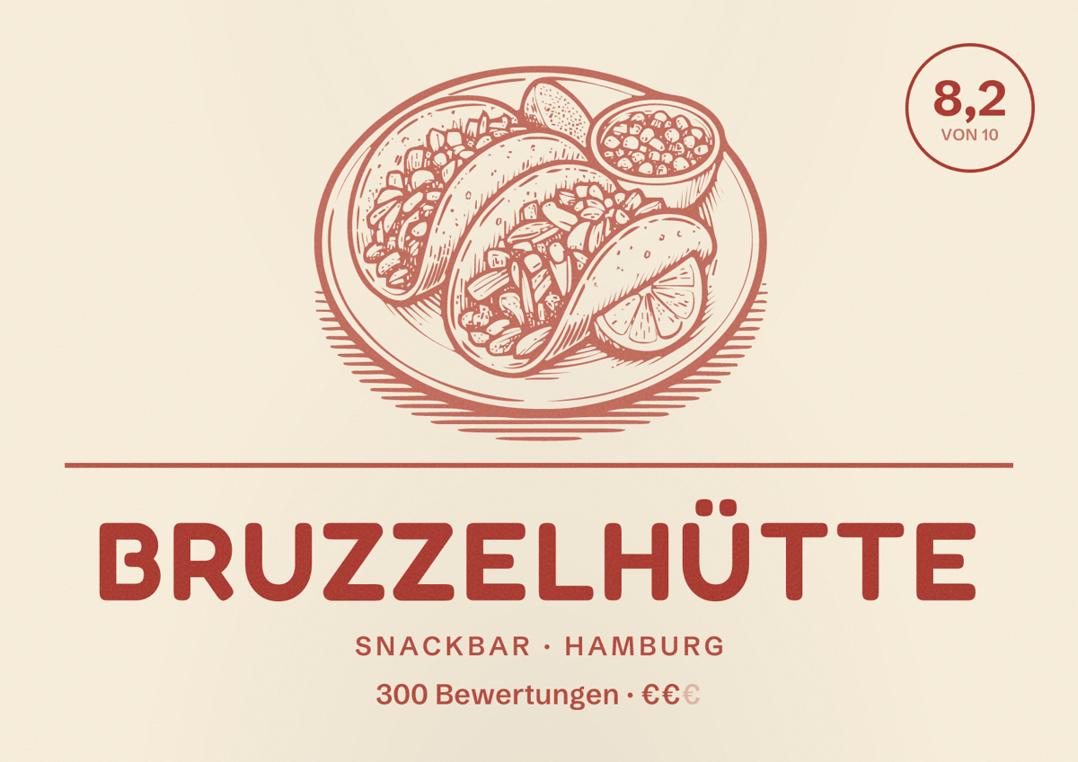 Illustriertes Poster von Bruzzelhütte, Snackbar in Hamburg: Bewertung 8,2 von 10 aus 300 Bewertungen, Preisniveau €€