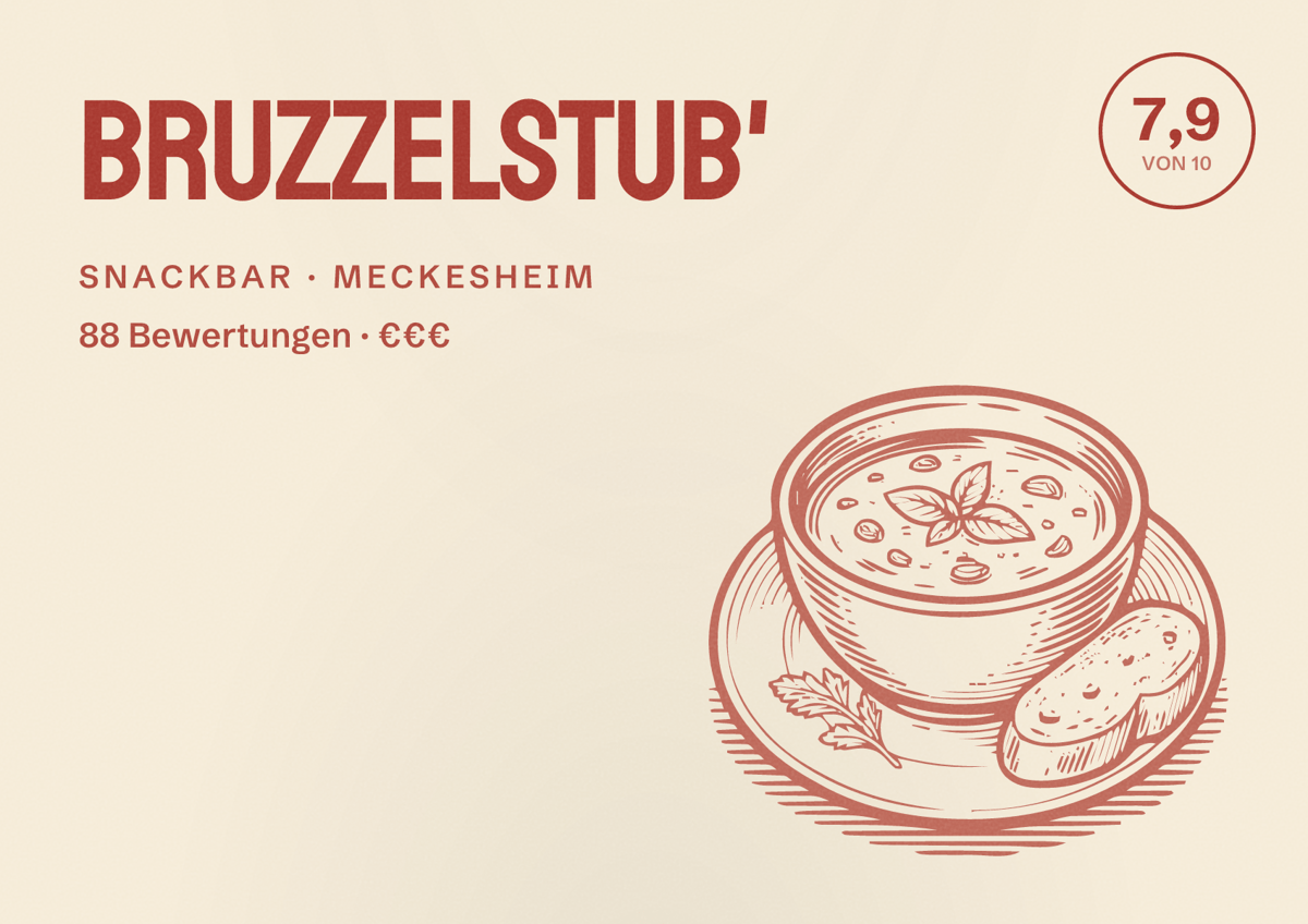 Illustriertes Poster von Bruzzelstub', Snackbar in Meckesheim: Bewertung 7,9 von 10 aus 88 Bewertungen, Preisniveau €€€