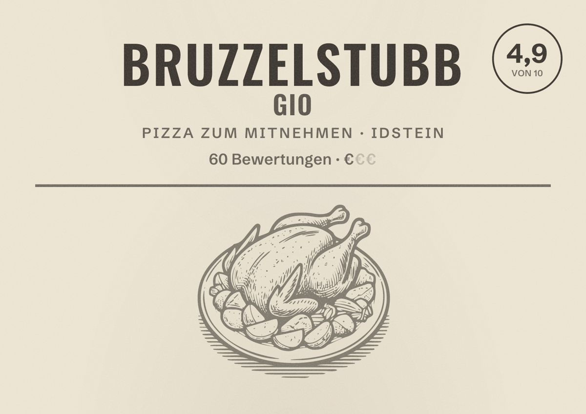 Illustriertes Poster von Bruzzelstubb Gio, Pizza zum Mitnehmen in Idstein: Bewertung 4,9 von 10 aus 60 Bewertungen, Preisniveau €