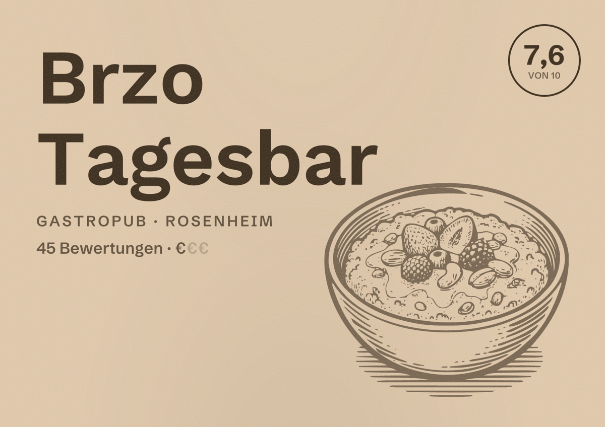 Illustriertes Poster von Brzo Tagesbar, Gastropub in Rosenheim: Bewertung 7,6 von 10 aus 45 Bewertungen, Preisniveau €