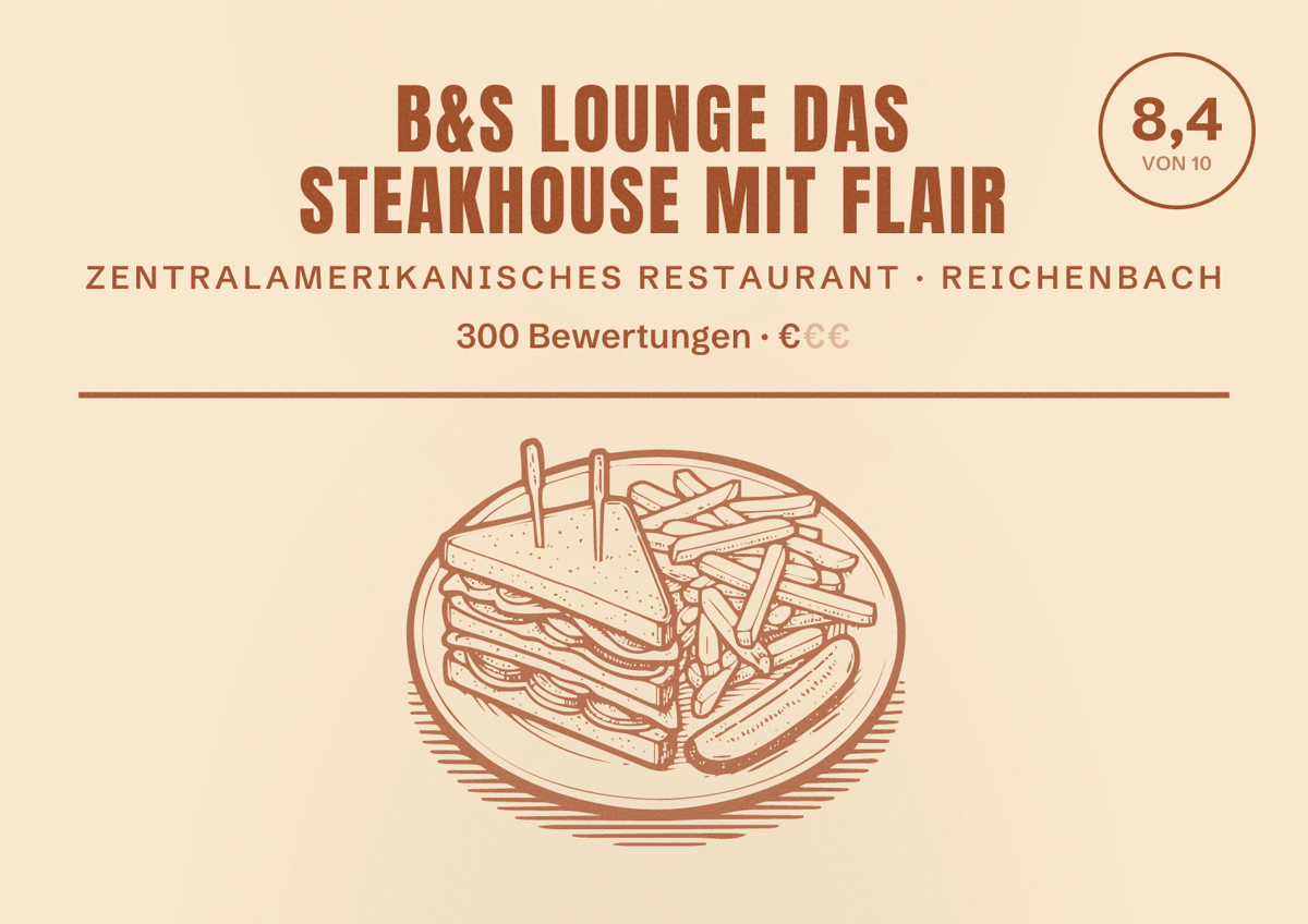 Illustriertes Poster von B&S Lounge Das Steakhouse mit Flair, Zentralamerikanisches Restaurant in Reichenbach: Bewertung 8,4 von 10 aus 300 Bewertungen, Preisniveau €