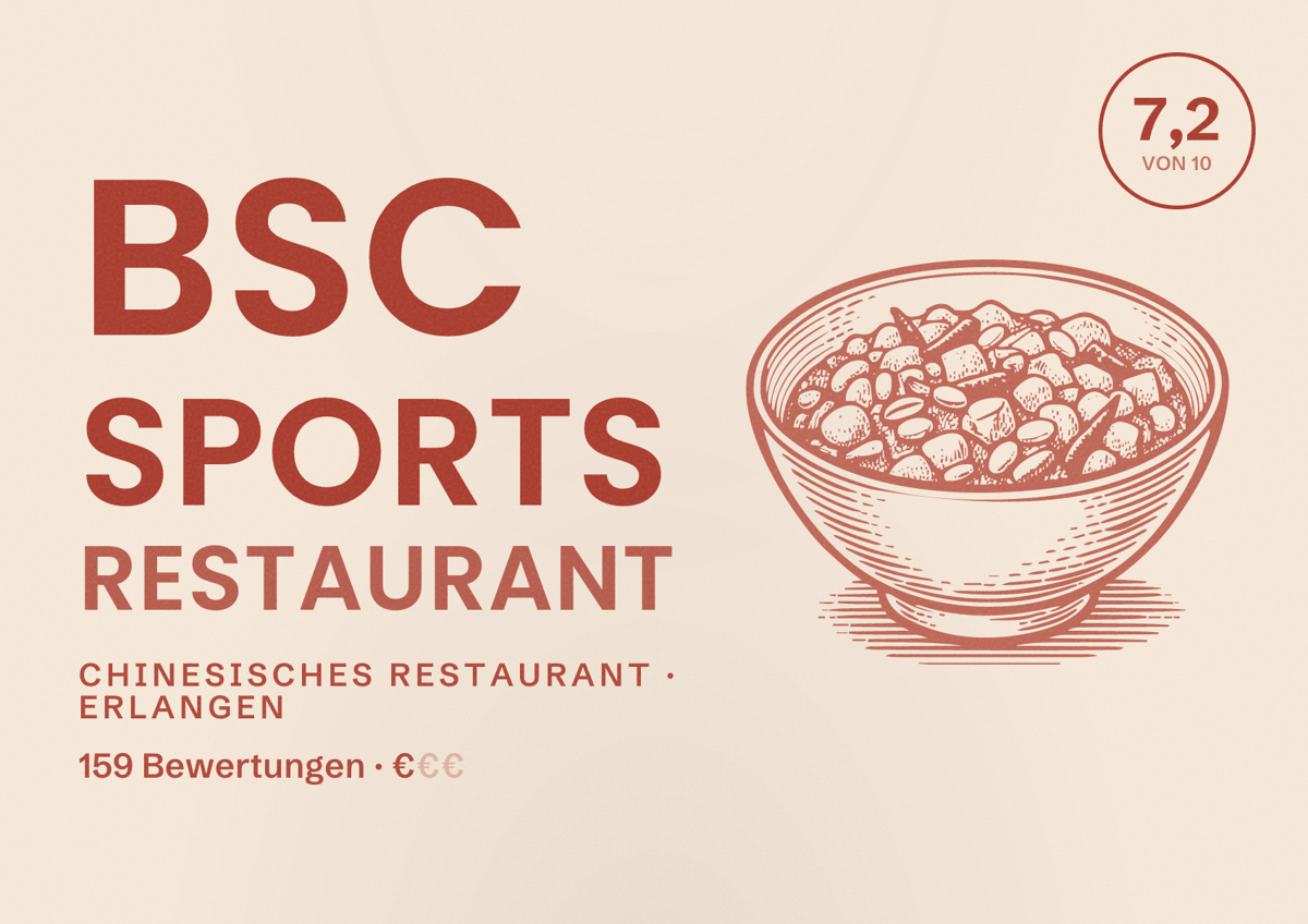 Illustriertes Poster von BSC Sports Restaurant, Chinesisches Restaurant in Erlangen: Bewertung 7,2 von 10 aus 159 Bewertungen, Preisniveau €