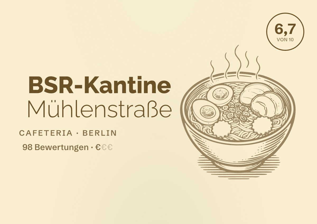 Illustriertes Poster von BSR-Kantine Mühlenstraße, Cafeteria in Berlin: Bewertung 6,7 von 10 aus 98 Bewertungen, Preisniveau €