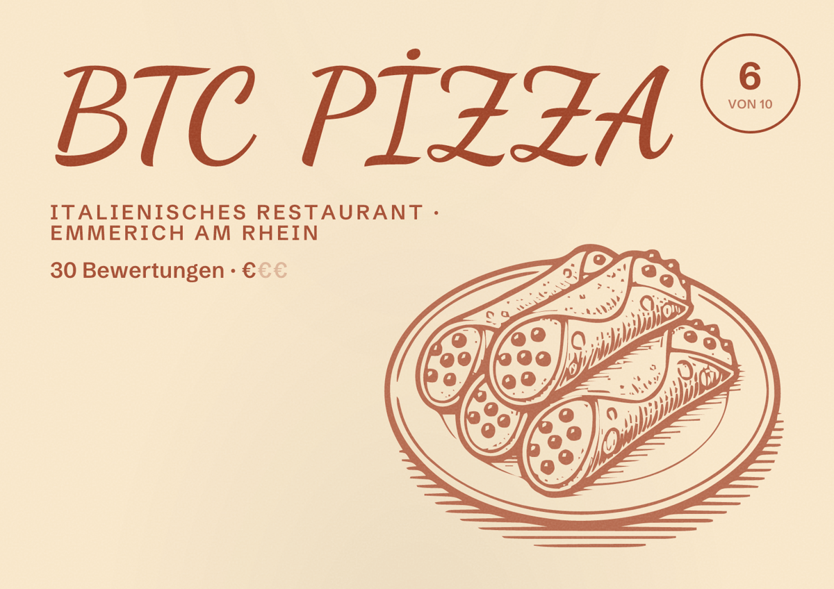 Illustriertes Poster von BTC PİZZA, Italienisches Restaurant in Emmerich am Rhein: Bewertung 6 von 10 aus 30 Bewertungen, Preisniveau €