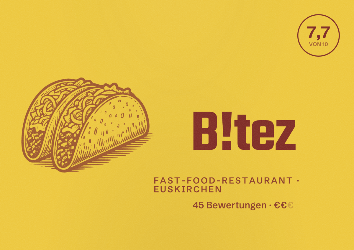 Illustriertes Poster von B!tez, Fast-Food-Restaurant in Euskirchen: Bewertung 7,7 von 10 aus 45 Bewertungen, Preisniveau €€