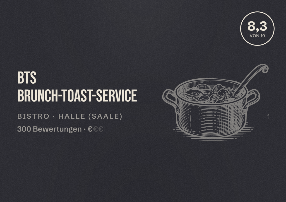Illustriertes Poster von BTS Brunch-Toast-Service, Bistro in Halle (Saale): Bewertung 8,3 von 10 aus 300 Bewertungen, Preisniveau €