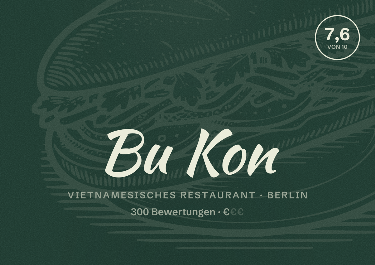 Illustriertes Poster von Bu Kon, Vietnamesisches Restaurant in Berlin: Bewertung 7,6 von 10 aus 300 Bewertungen, Preisniveau €