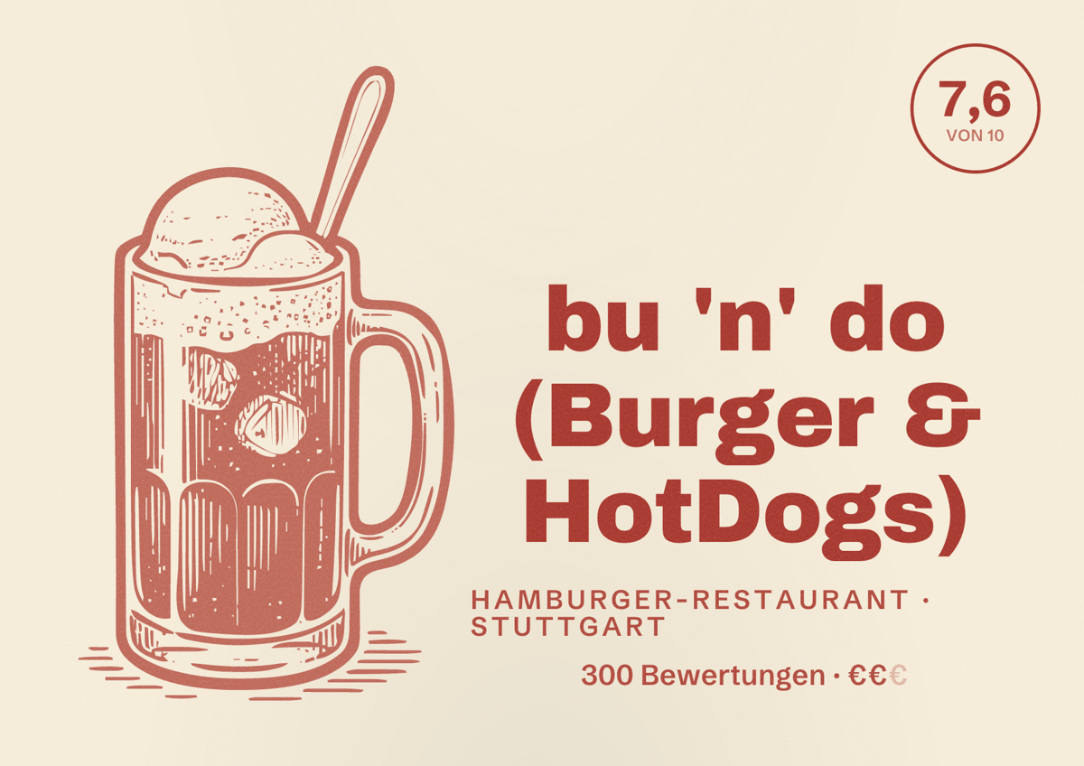 Illustriertes Poster von bu 'n' do (Burger & HotDogs), Hamburger-Restaurant in Stuttgart: Bewertung 7,6 von 10 aus 300 Bewertungen, Preisniveau €€