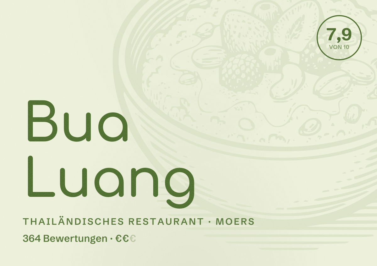 Illustriertes Poster von Bua Luang, Thailändisches Restaurant in Moers: Bewertung 7,9 von 10 aus 364 Bewertungen, Preisniveau €€