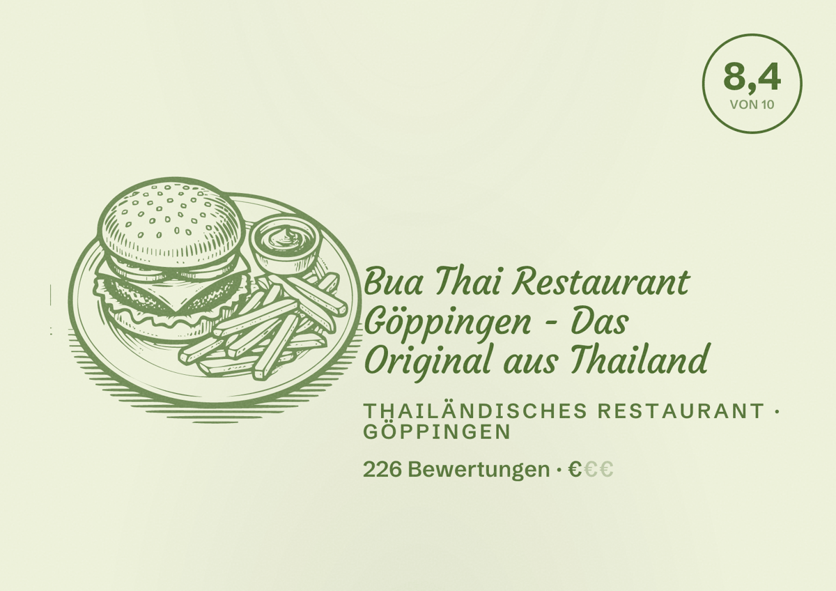 Illustriertes Poster von Bua Thai Restaurant Göppingen - Das Original aus Thailand, Thailändisches Restaurant in Göppingen: Bewertung 8,4 von 10 aus 226 Bewertungen, Preisniveau €