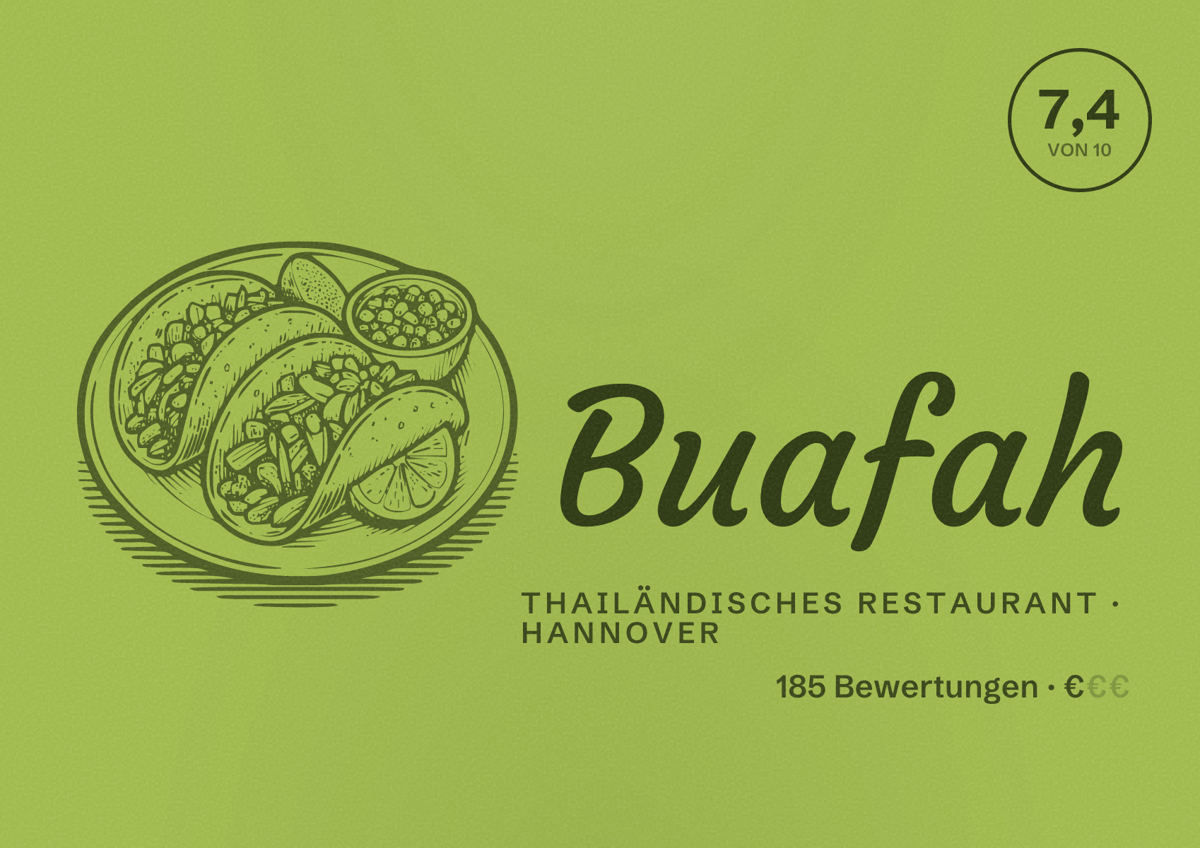 Illustriertes Poster von Buafah, Thailändisches Restaurant in Hannover: Bewertung 7,4 von 10 aus 185 Bewertungen, Preisniveau €