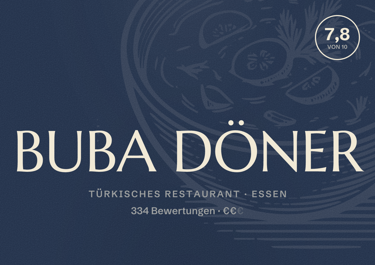 Illustriertes Poster von BUBA DÖNER, Türkisches Restaurant in Essen: Bewertung 7,8 von 10 aus 334 Bewertungen, Preisniveau €€