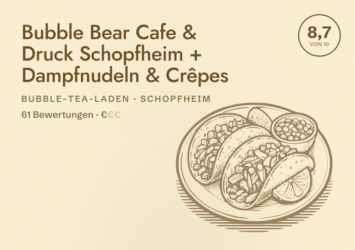 Illustriertes Poster von Bubble Bear Cafe & Druck Schopfheim + Dampfnudeln & Crêpes, Bubble-Tea-Laden in Schopfheim: Bewertung 8,7 von 10 aus 61 Bewertungen, Preisniveau €