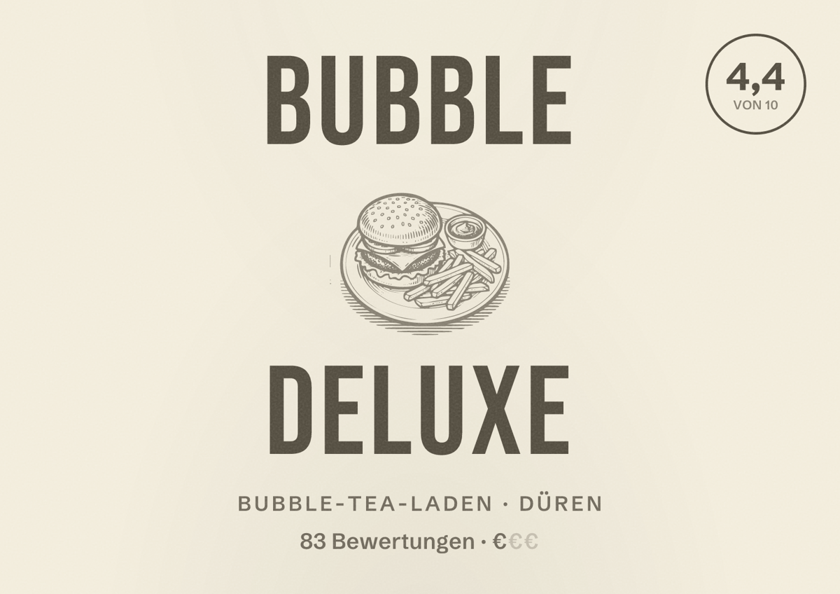 Illustriertes Poster von Bubble Deluxe, Bubble-Tea-Laden in Düren: Bewertung 4,4 von 10 aus 83 Bewertungen, Preisniveau €